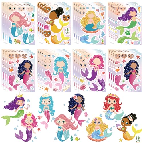 Hxezoc 32 Sheets Make Your Mermaid Stickers Creative Fun Mermaid Game Sticker Kits for Kids Birthday Party Favors DIY Art Crafts Supplies - Image 1