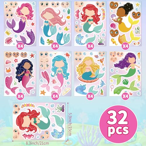 Hxezoc 32 Sheets Make Your Mermaid Stickers Creative Fun Mermaid Game Sticker Kits for Kids Birthday Party Favors DIY Art Crafts Supplies - Image 5