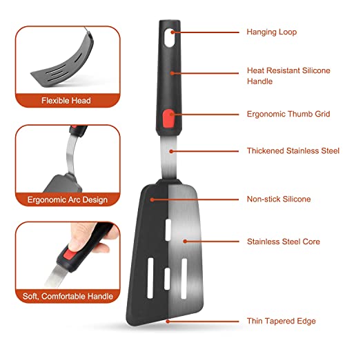 Ramkuwar Silicone Slotted Turner Spatula with Stainless Steel Metal Handle Heat Resistant Silicone Utensils Spatula Turner for Kitchen Cooking Long Black - Image 3