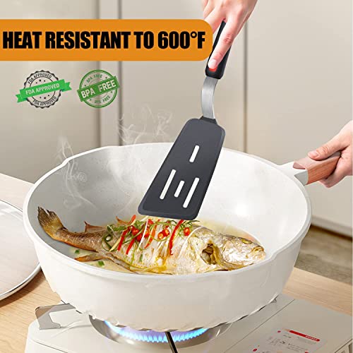Ramkuwar Silicone Slotted Turner Spatula with Stainless Steel Metal Handle Heat Resistant Silicone Utensils Spatula Turner for Kitchen Cooking Long Black - Image 5
