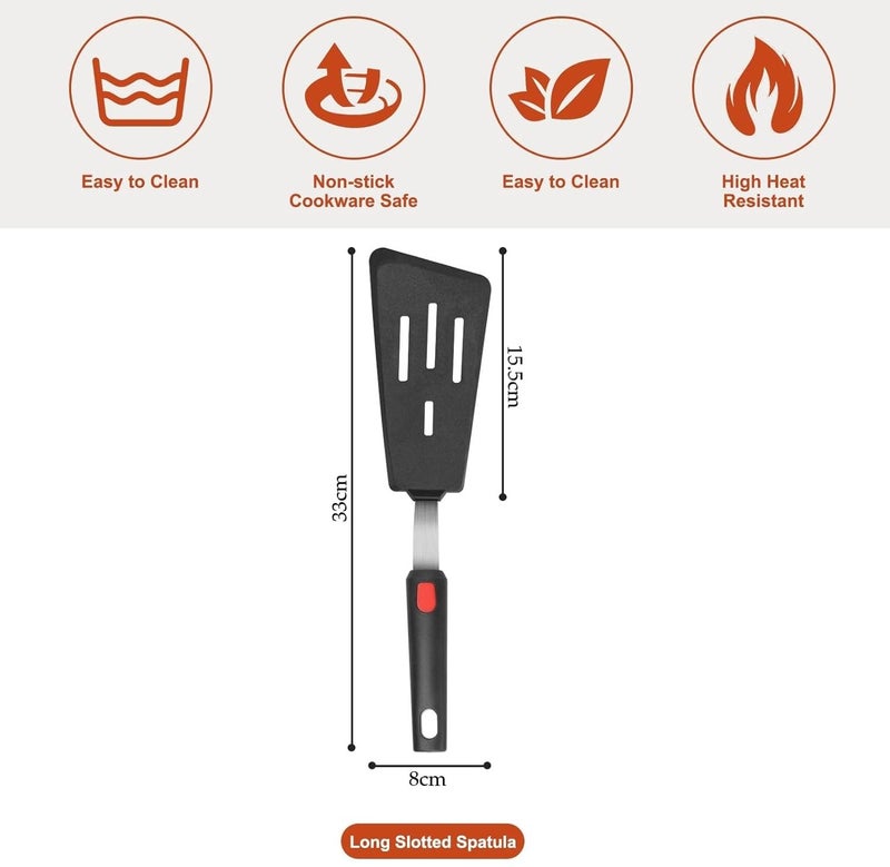 Ramkuwar Silicone Slotted Turner Spatula with Stainless Steel Metal Handle Heat Resistant Silicone Utensils Spatula Turner for Kitchen Cooking Long Black - Image 2