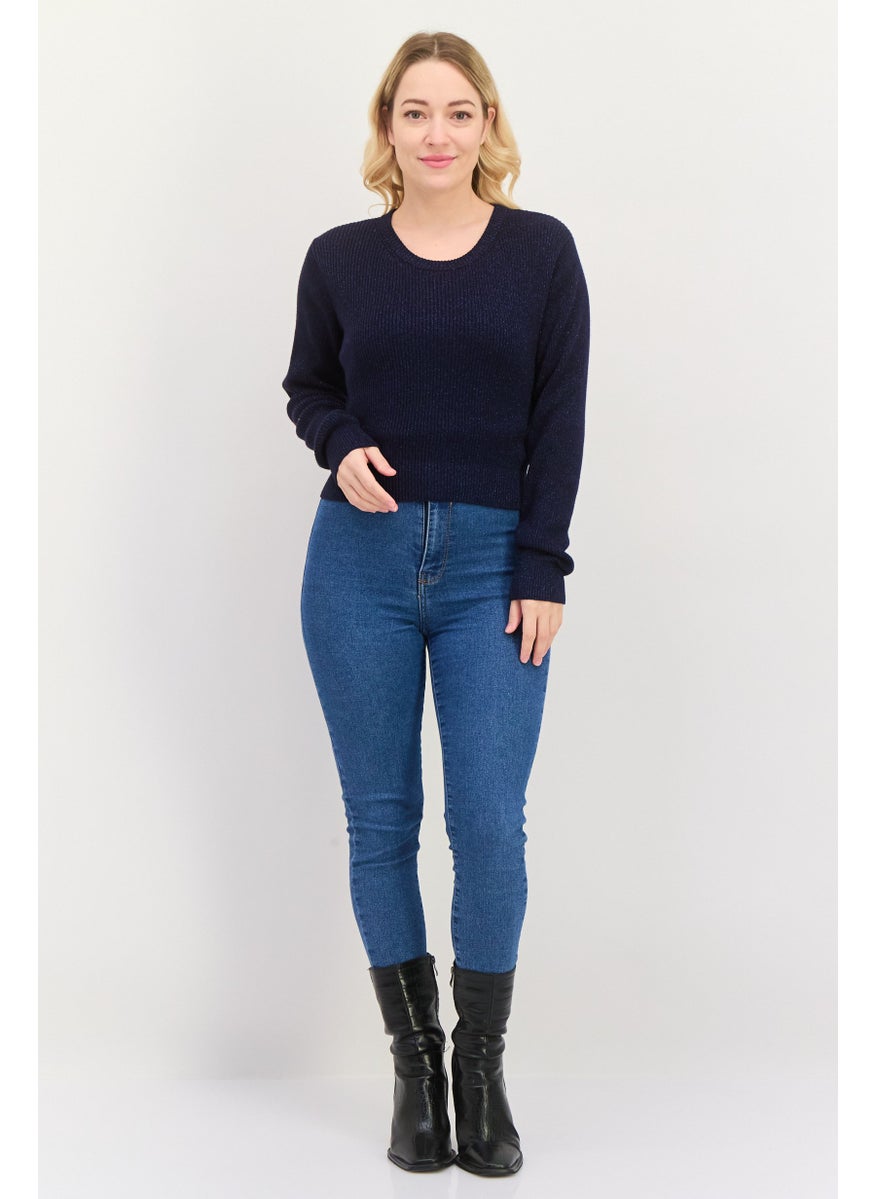 ESPRIT Women Round Neck Ribbed Sweater, Navy  - Image 4