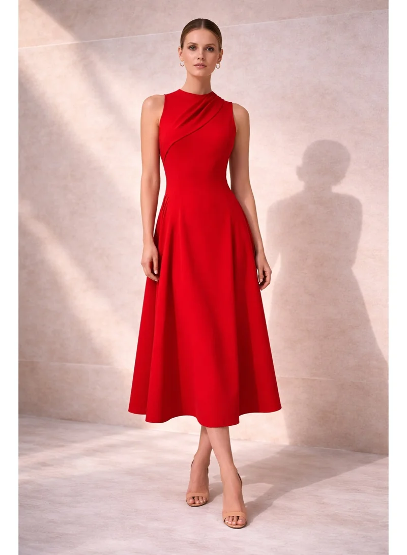 2TRENDY Rafila dress Women's Red Midi Dress with Sleeveless Design and Side Pockets