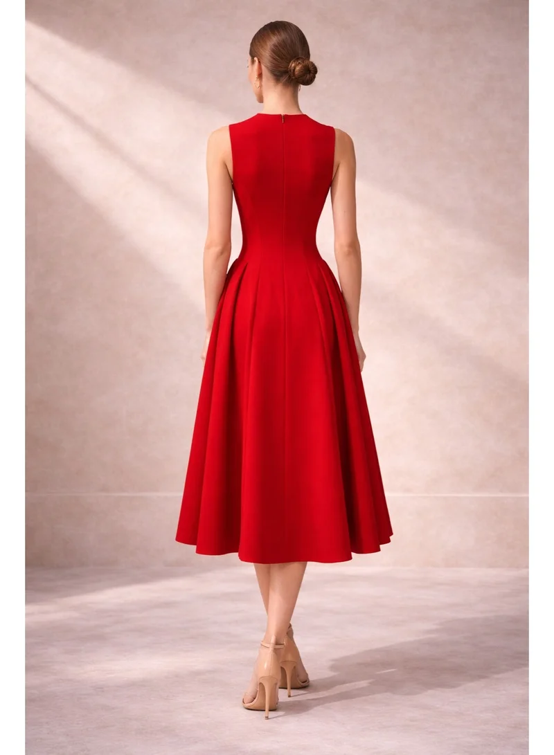2TRENDY Rafila dress Women's Red Midi Dress with Sleeveless Design and Side Pockets