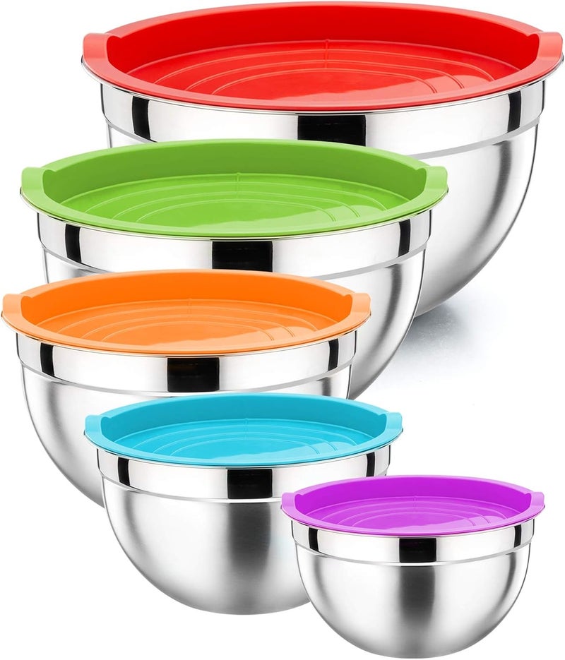 P&P CHEF Mixing Bowls with Airtight Lids Set of 5, 10-Piece Stainless Steel Mixing Nesting Bowl, Metal Bowl with Lid for Kitchen Prepping & Storing, Size 4.6, 3, 1.5, 1, 0.7 QT, Multicolor - Image 1