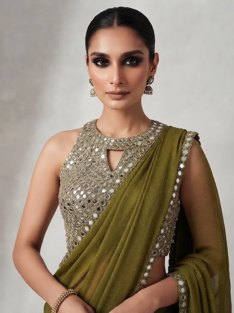 Viny  Viny Women's Saree with Mirror Work Halter Blouse – Shimmer Textured Saree Set – Ramadan & Eid – Olive – Indian Ethnic Wear for Women | Best Price UAE