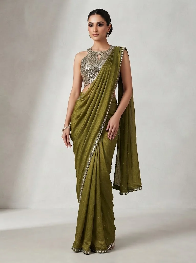 Viny Women's Saree with Mirror Work Halter Blouse – Shimmer Textured Saree Set – Ramadan & Eid – Olive – Indian Ethnic Wear