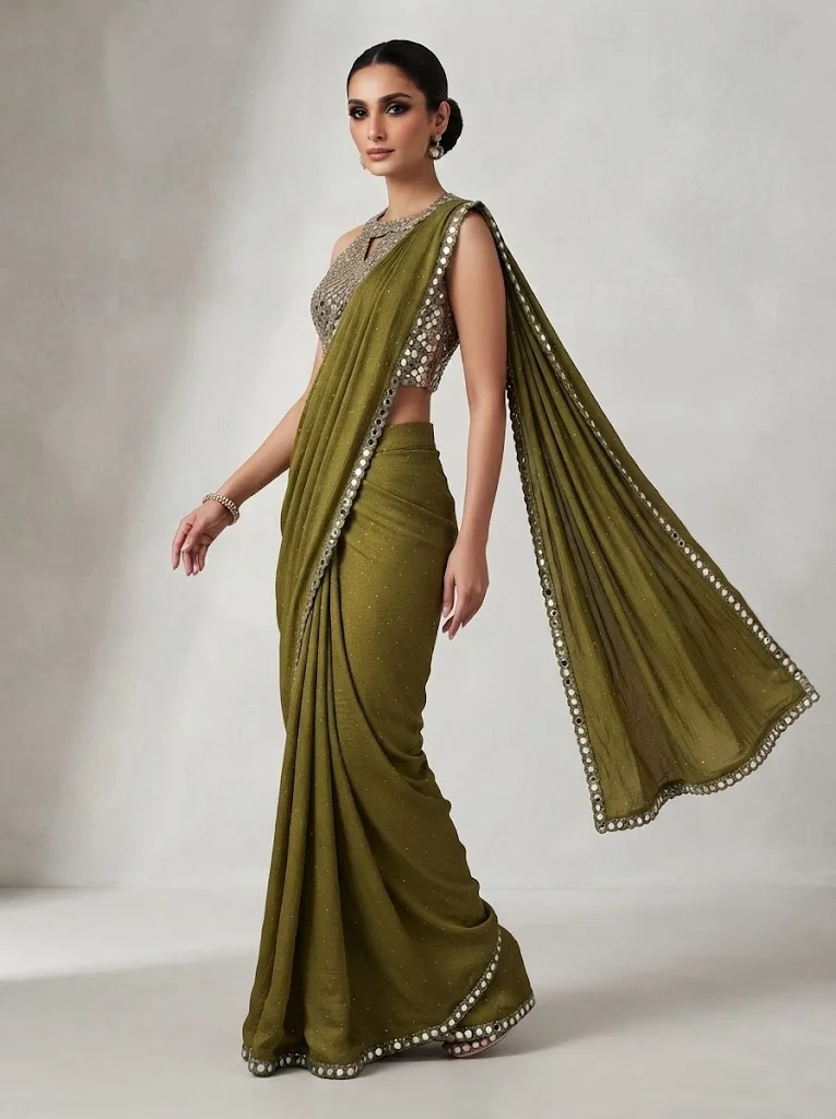 Viny Viny Women's Saree with Mirror Work Halter Blouse – Shimmer Textured Saree Set – Ramadan & Eid – Olive – Indian Ethnic Wear