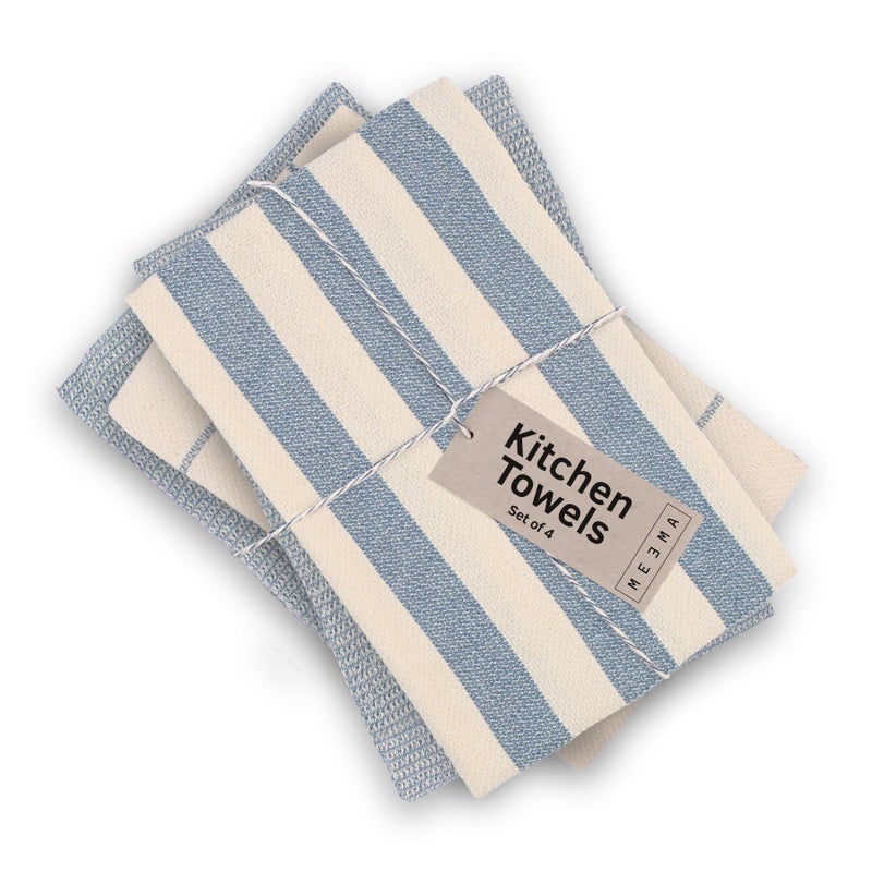MEEMA Upcycled Kitchen Towels Cotton Fabric | Super Absorbent Hand Towels with Hanging Loop | Cleaning Rags and Dish Towels for Kitchen | Blue Stripes | Large 18 x 28 Inch | 4-Pack - Image 1