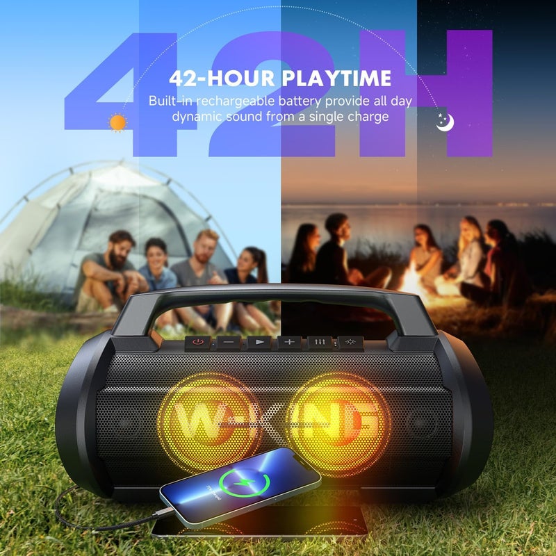 W-KING Portable Bluetooth Speaker, 120W Max/110dB/IPX6/BT5.4/42H/DSP/RGB/4 Drivers/70W Deep Bass/Wireless Stereo Pairing, Large Party Boombox, Must-Have for 4th of July BBQ, Beach & Outdoor Summer Fun - Image 4