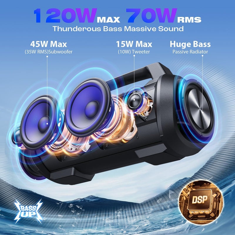 W-KING Portable Bluetooth Speaker, 120W Max/110dB/IPX6/BT5.4/42H/DSP/RGB/4 Drivers/70W Deep Bass/Wireless Stereo Pairing, Large Party Boombox, Must-Have for 4th of July BBQ, Beach & Outdoor Summer Fun - Image 2