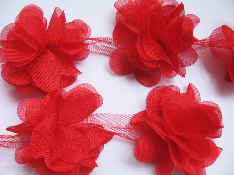 YYCRAFT 4.5 Yards 2.5" 3D Chiffon Flower Lace Trims Bridal Bouquets Christmas Decorations Cluster Flower DIY Sewing(Red) - Image 1