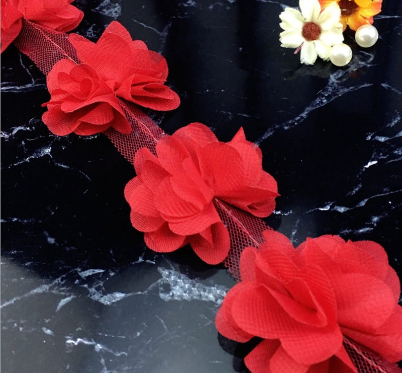 YYCRAFT 4.5 Yards 2.5" 3D Chiffon Flower Lace Trims Bridal Bouquets Christmas Decorations Cluster Flower DIY Sewing(Red) - Image 4