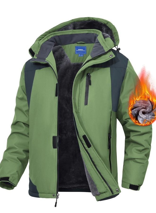 Zoofly Men's Mountain Ski Jacket Waterproof Fleece Liner Snow Coat Warm Winter Windproof Hooded Raincoat, Green, 3XL - Image 1