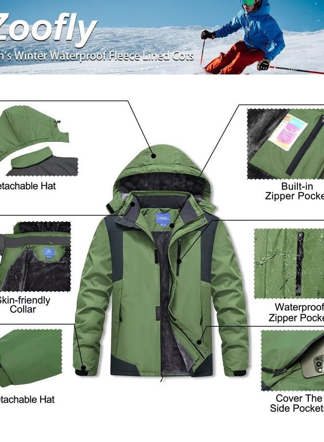 Zoofly Men's Mountain Ski Jacket Waterproof Fleece Liner Snow Coat Warm Winter Windproof Hooded Raincoat, Green, 3XL - Image 5
