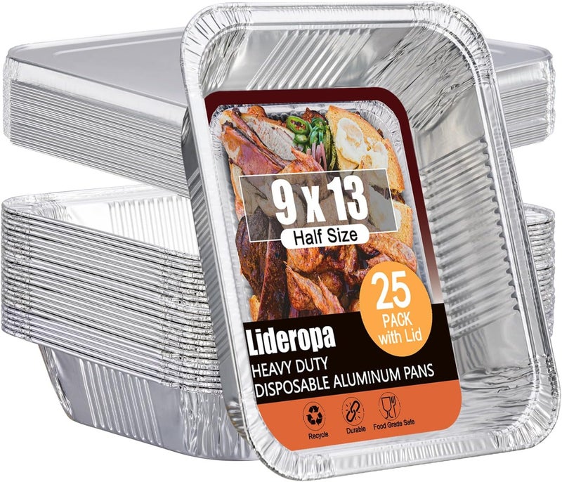 Lideropa Disposable Aluminum Foil Pans with Lids 9x13-25 Pack Aluminum Foil Pans, Heavy Duty Aluminum Baking Pans for Cooking, Storing, Prepping, and Freezing Food - Image 1