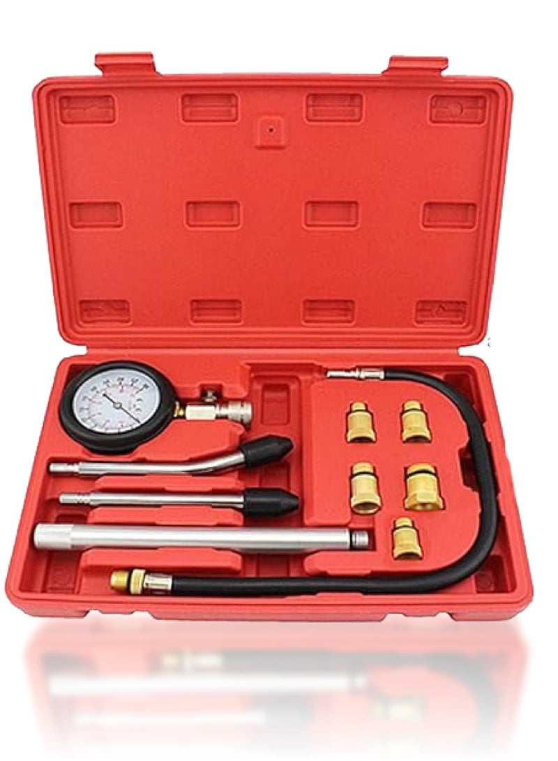 Mordely Engine Cylinder Compression Tester Kit with Extender Tubes, 5 Spark Plug Adapters (M10, M12, M14, M16, M18), Dual Scale Compression Gauge, and Quick Check Rubber Cones  - Image 1