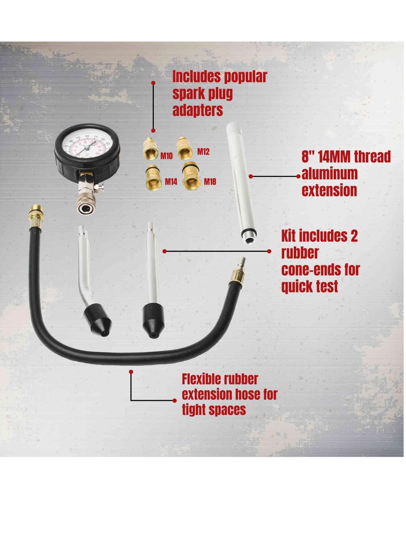 Mordely Engine Cylinder Compression Tester Kit with Extender Tubes, 5 Spark Plug Adapters (M10, M12, M14, M16, M18), Dual Scale Compression Gauge, and Quick Check Rubber Cones  - Image 3