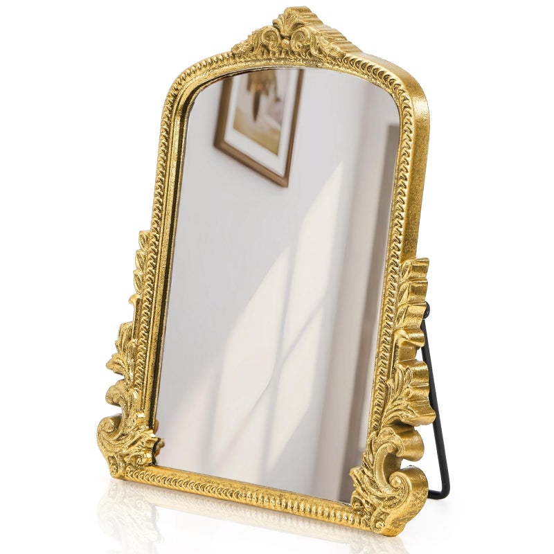 ZOOFOX Vintage Vanity Desk Table Mirror, 11.8" x 9.6" Arched Antique Makeup Mirror with Full Wooden Frame, Small Standing Carved Baroque Mirror for Living Room, Bedroom Dresser, Desktop Decor - Image 1
