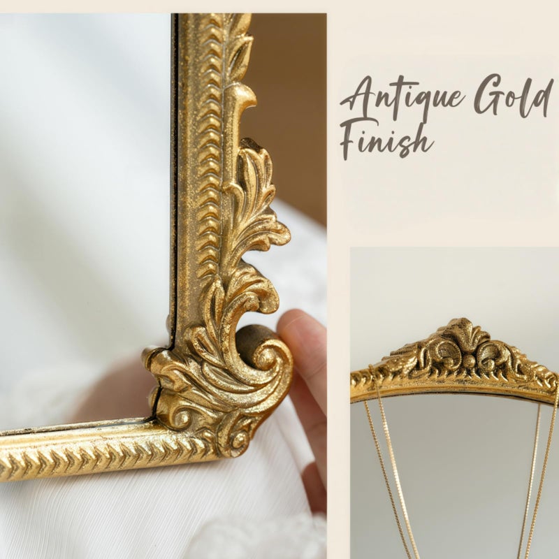 ZOOFOX Vintage Vanity Desk Table Mirror, 11.8" x 9.6" Arched Antique Makeup Mirror with Full Wooden Frame, Small Standing Carved Baroque Mirror for Living Room, Bedroom Dresser, Desktop Decor - Image 5