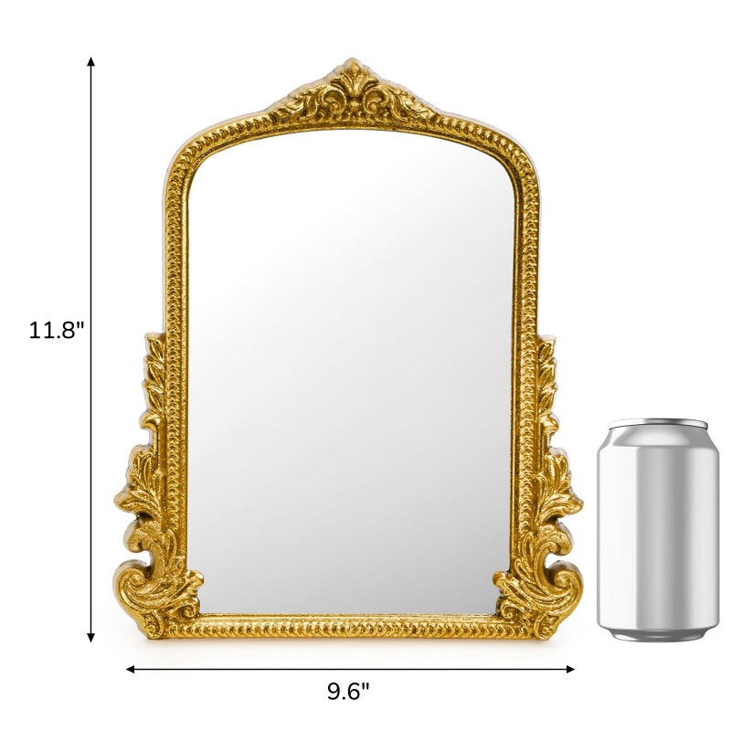 ZOOFOX Vintage Vanity Desk Table Mirror, 11.8" x 9.6" Arched Antique Makeup Mirror with Full Wooden Frame, Small Standing Carved Baroque Mirror for Living Room, Bedroom Dresser, Desktop Decor - Image 2