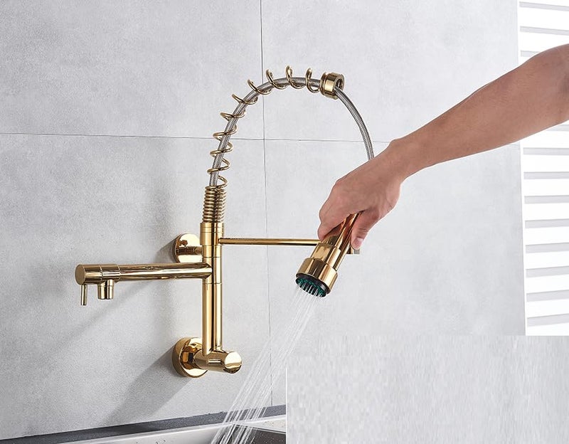 B BACKLINE صنبور حوض الجدار من النحاس B Backline مع 2 فوهة وصنبور مطبخ قابل للسحب ذهبي - Image 2
