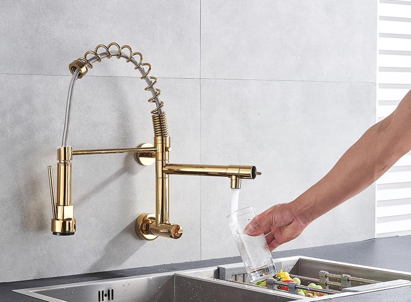 B BACKLINE صنبور حوض الجدار من النحاس B Backline مع 2 فوهة وصنبور مطبخ قابل للسحب ذهبي - Image 1