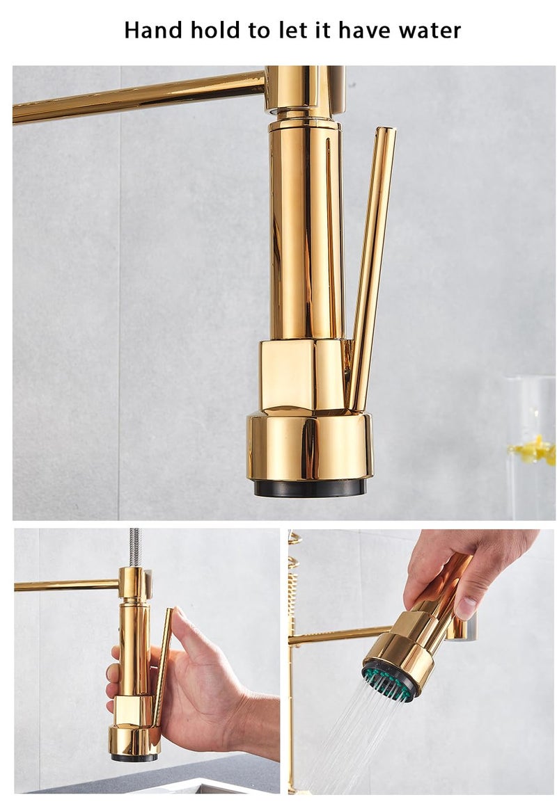 B BACKLINE صنبور حوض الجدار من النحاس B Backline مع 2 فوهة وصنبور مطبخ قابل للسحب ذهبي - Image 3