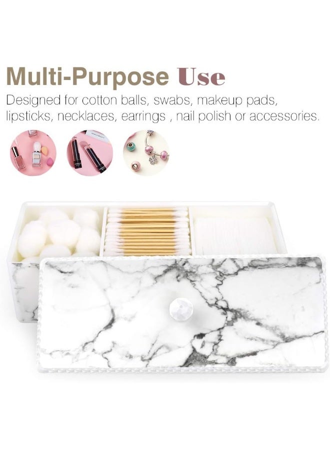 Luxspire Cotton Swab Holder With Lid, Marble Pattern Cotton Ball Dispenser Case, Makeup Canister Jar For Cotton Pads Bud, Storage Box Cosmetics Countertop Organizer Containers With 3 Compartments  - Image 1