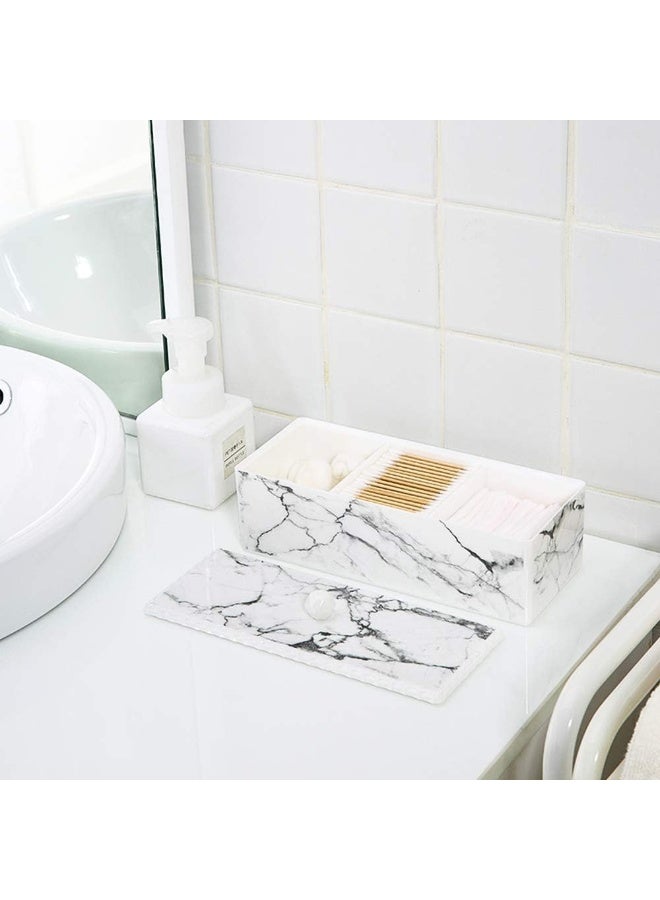 Luxspire Cotton Swab Holder With Lid, Marble Pattern Cotton Ball Dispenser Case, Makeup Canister Jar For Cotton Pads Bud, Storage Box Cosmetics Countertop Organizer Containers With 3 Compartments  - Image 2