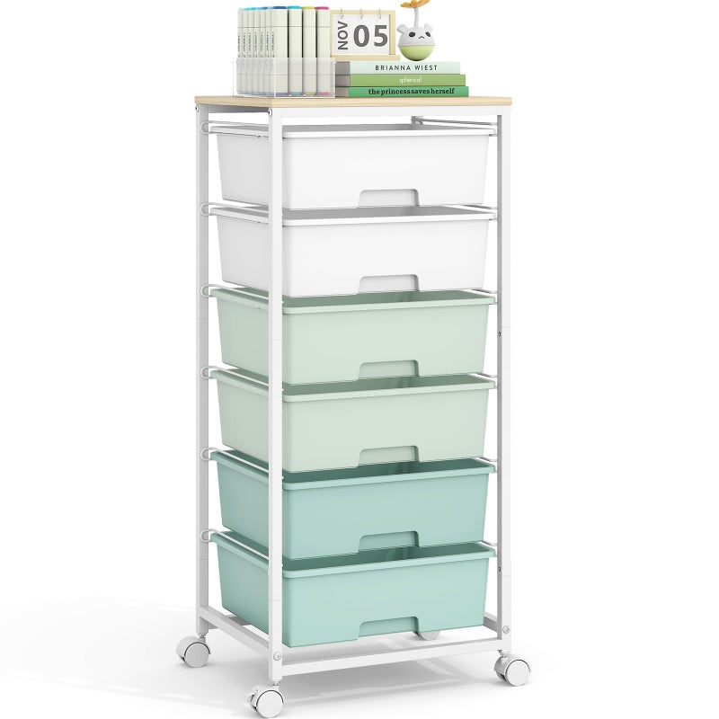 APEXCHASER Rolling Storage Cart with 6 Drawers and Wooden Tabletop, Lockable Wheels Utility Cart for Art Studios, Office Supplies & Craft Room Organization (Green) - Image 1