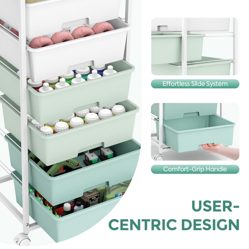 APEXCHASER Rolling Storage Cart with 6 Drawers and Wooden Tabletop, Lockable Wheels Utility Cart for Art Studios, Office Supplies & Craft Room Organization (Green) - Image 3