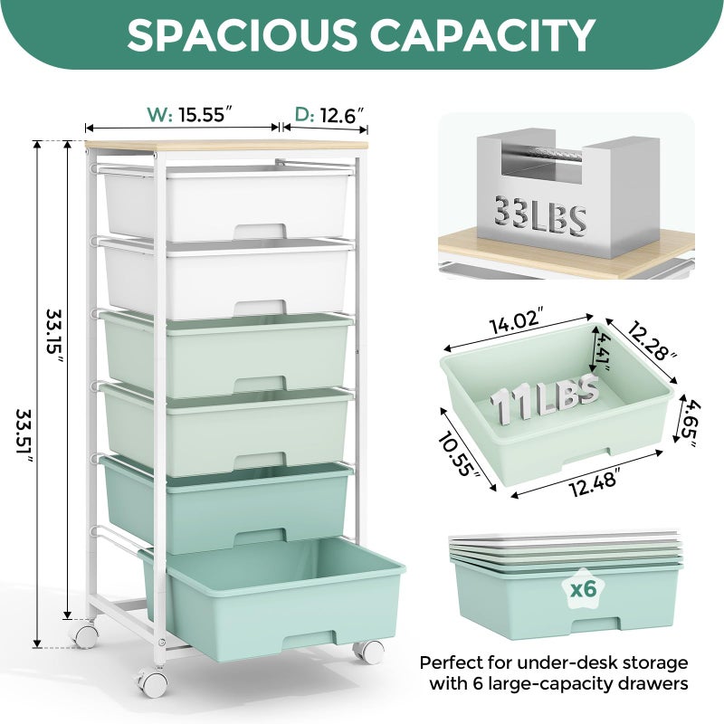 APEXCHASER Rolling Storage Cart with 6 Drawers and Wooden Tabletop, Lockable Wheels Utility Cart for Art Studios, Office Supplies & Craft Room Organization (Green) - Image 2