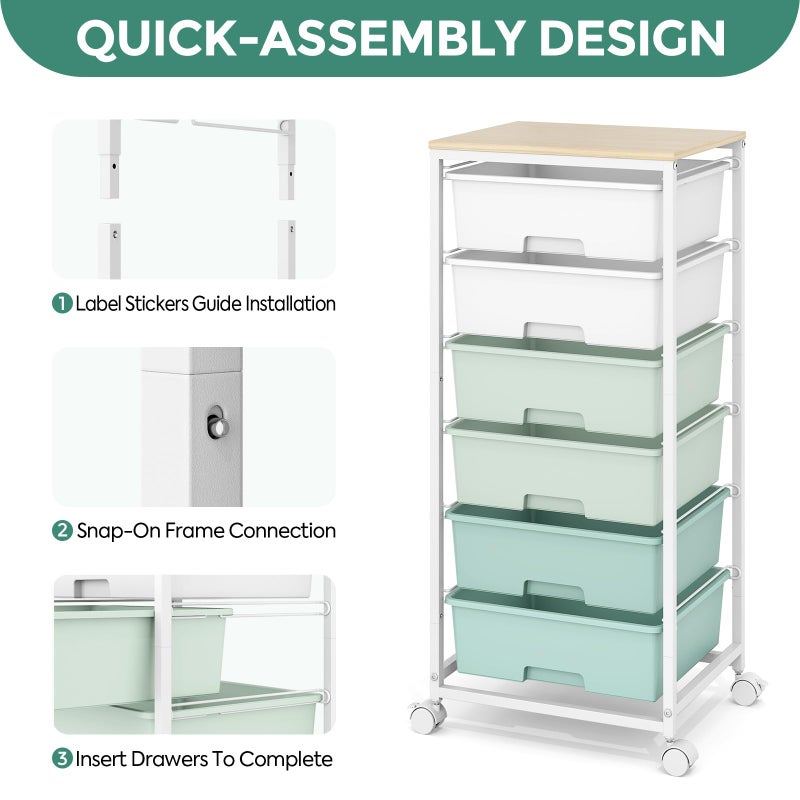 APEXCHASER Rolling Storage Cart with 6 Drawers and Wooden Tabletop, Lockable Wheels Utility Cart for Art Studios, Office Supplies & Craft Room Organization (Green) - Image 5