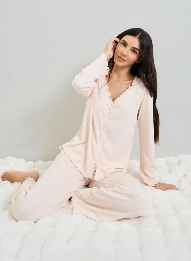 ستايلي Cream Rib Lettuce Edge Buttoned Shirt and Wide Leg Pyjama Set