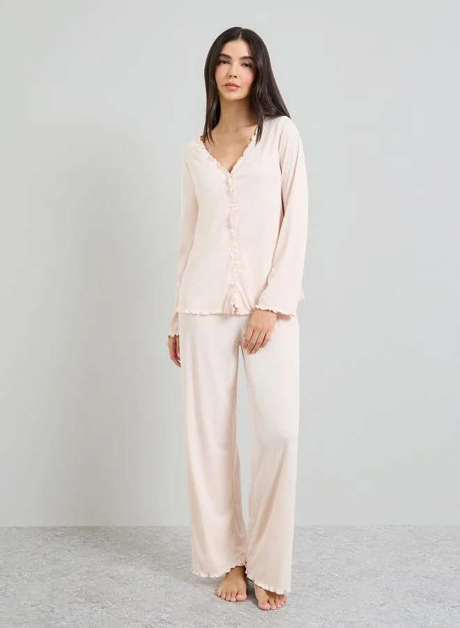 ستايلي Cream Rib Lettuce Edge Buttoned Shirt and Wide Leg Pyjama Set