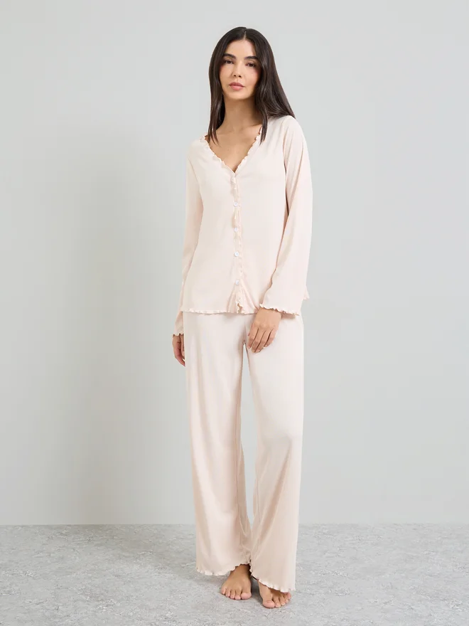 Styli Styli Cream Rib Lettuce Edge Buttoned Shirt and Wide Leg Pyjama Set