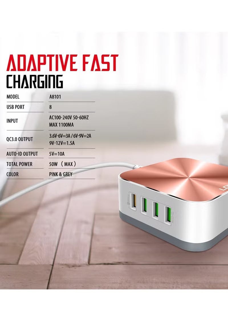 ELTRAZONE شاحن USB مكتبي سريع الشحن 50 واط – محطة شحن USB بثمانية منافذ مع شحن سريع QC3.0، توزيع طاقة ذكي، إجمالي خرج 10 أمبير، شاشة LED، شاحن متعدد الأجهزة للمنزل، المكتب، السفر، الهواتف والأجهزة اللوحية – توافق عالمي - Image 4