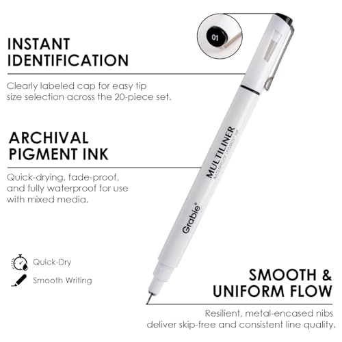 Grabie Micro Finerliner Pens, 20 Multicolor Fine Line Waterproof Drawing Pens, Assorted Point Sizes for Sketching, Illustration, Journaling, Art Supplies - Image 5