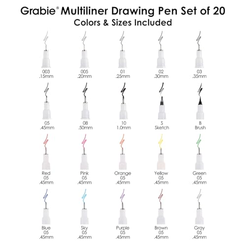 Grabie Micro Finerliner Pens, 20 Multicolor Fine Line Waterproof Drawing Pens, Assorted Point Sizes for Sketching, Illustration, Journaling, Art Supplies - Image 2