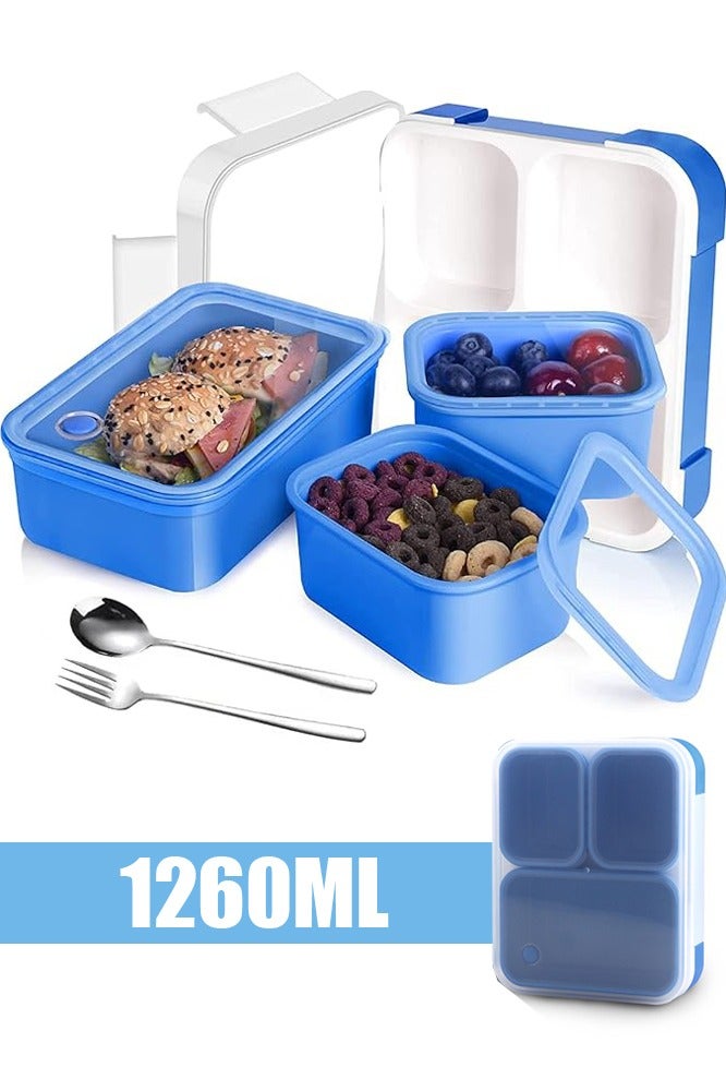 TAPIT Lunch Box for School 1260ml Plastic Leak-Proof Lunch Box 3 Grids Food Container Lunch Box Bento Box for Kids and Adults-Food Safe Materials (Blue) - Image 1