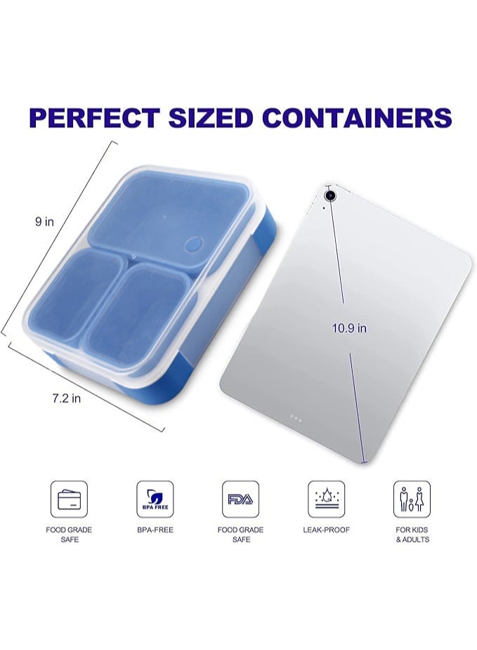 TAPIT Lunch Box for School 1260ml Plastic Leak-Proof Lunch Box 3 Grids Food Container Lunch Box Bento Box for Kids and Adults-Food Safe Materials (Blue) - Image 3