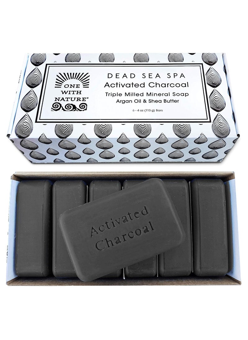 ONE WITH NATURE One With Nature Activated Charcoal Soap Bar with Dead Sea Minerals 4oz 6Pack in Gift Box for Face Body All Skin Types  Contains Shea Butter Argan Oil Magnesium Sulfur and 21 Essential Minerals 