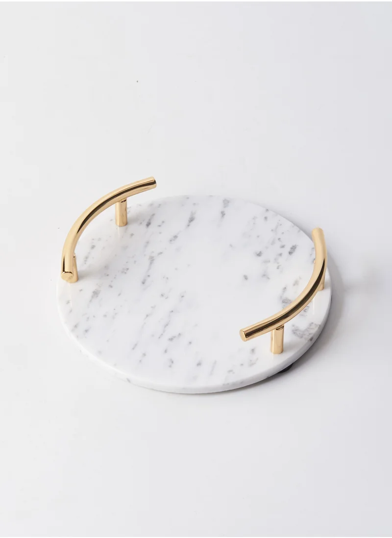 1Chase Round White Marble Tray With Gold Handle