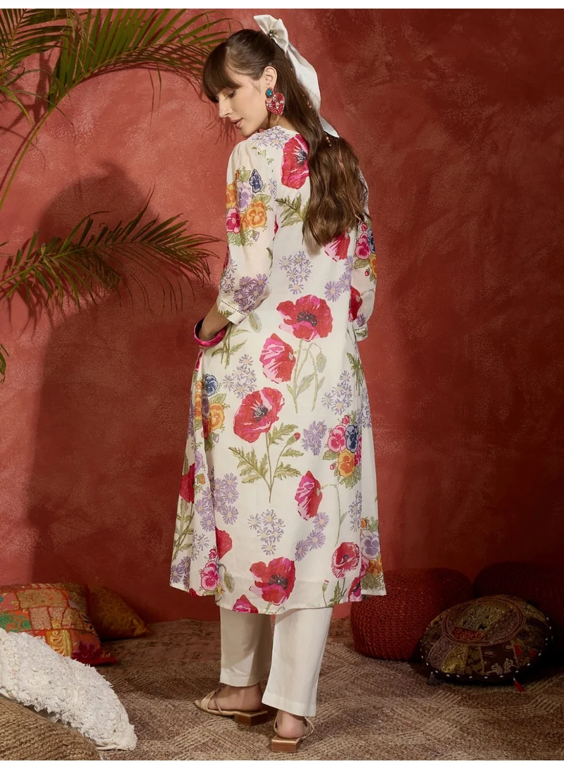 Ameya  White-printed-a-line-kurta-trouser-set for Women | Best Price UAE