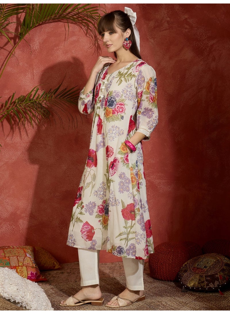Ameya White-printed-a-line-kurta-trouser-set - Image 2