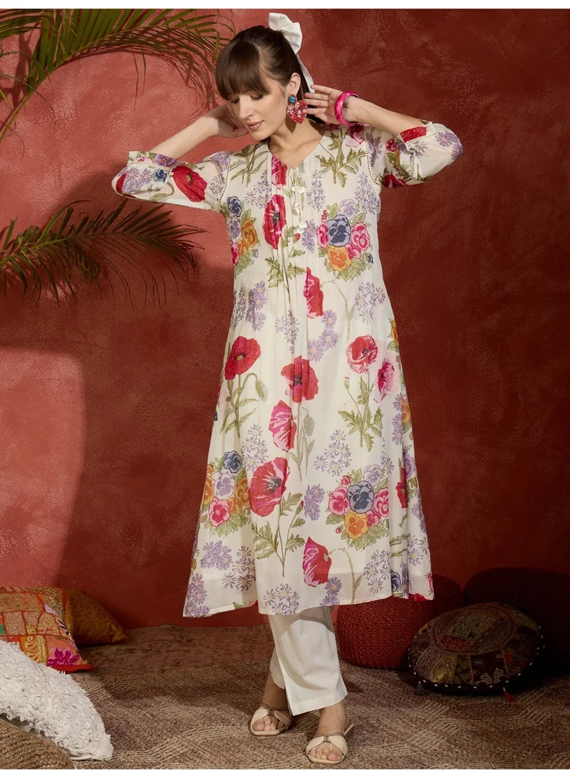 Ameya  White-printed-a-line-kurta-trouser-set for Women | Best Price UAE
