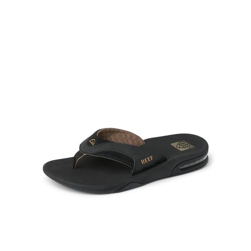 REEF Fanning Mens Bottle Opener Flip Flop, Arch Support, Durable Outsole, Water Friendly, Black/Brown, 4 - Image 1