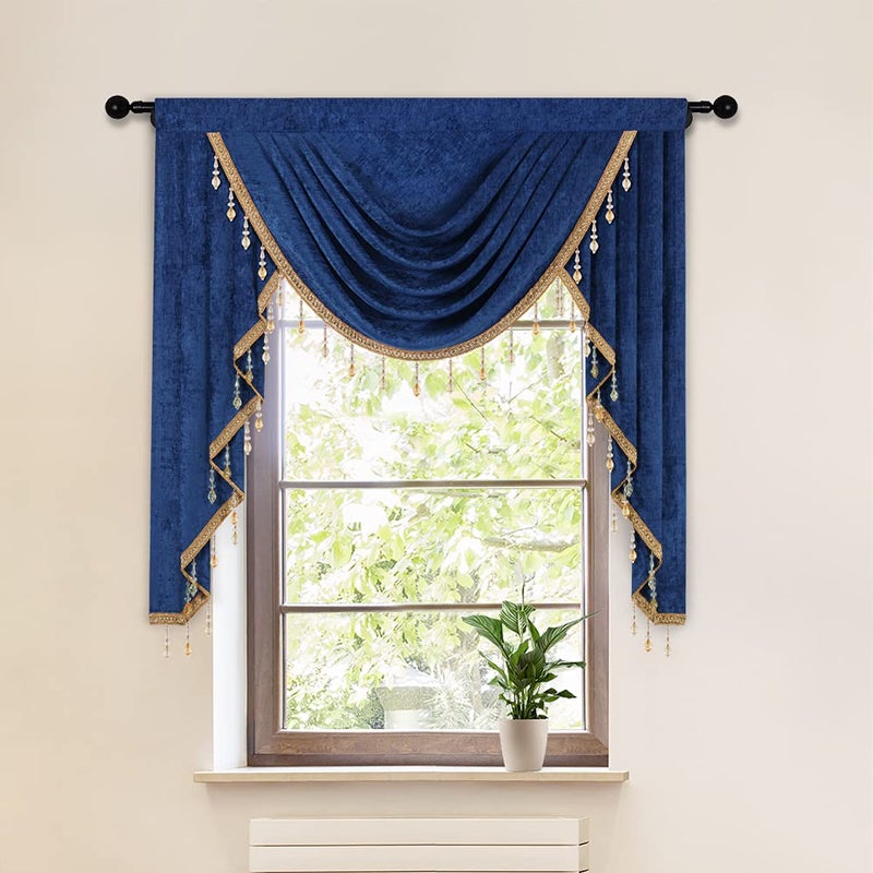 ELKCA ELKCA Thick Chenille Window Curtains Valance for Living Room Royal Blue Swag Valance with Beads for BedroomRod Pocket W39inch1 Panel 