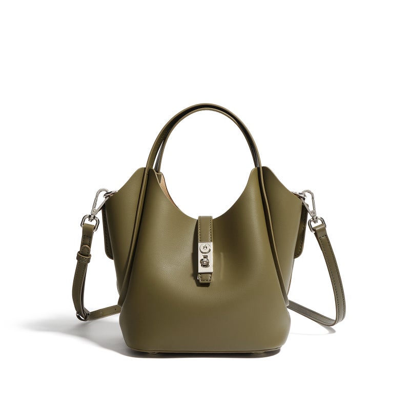 New Style Single Shoulder Crossbody Bag 2025 Commuter Early Spring Basket Bag Cowhide Versatile Large Capacity Olive Green - Image 2